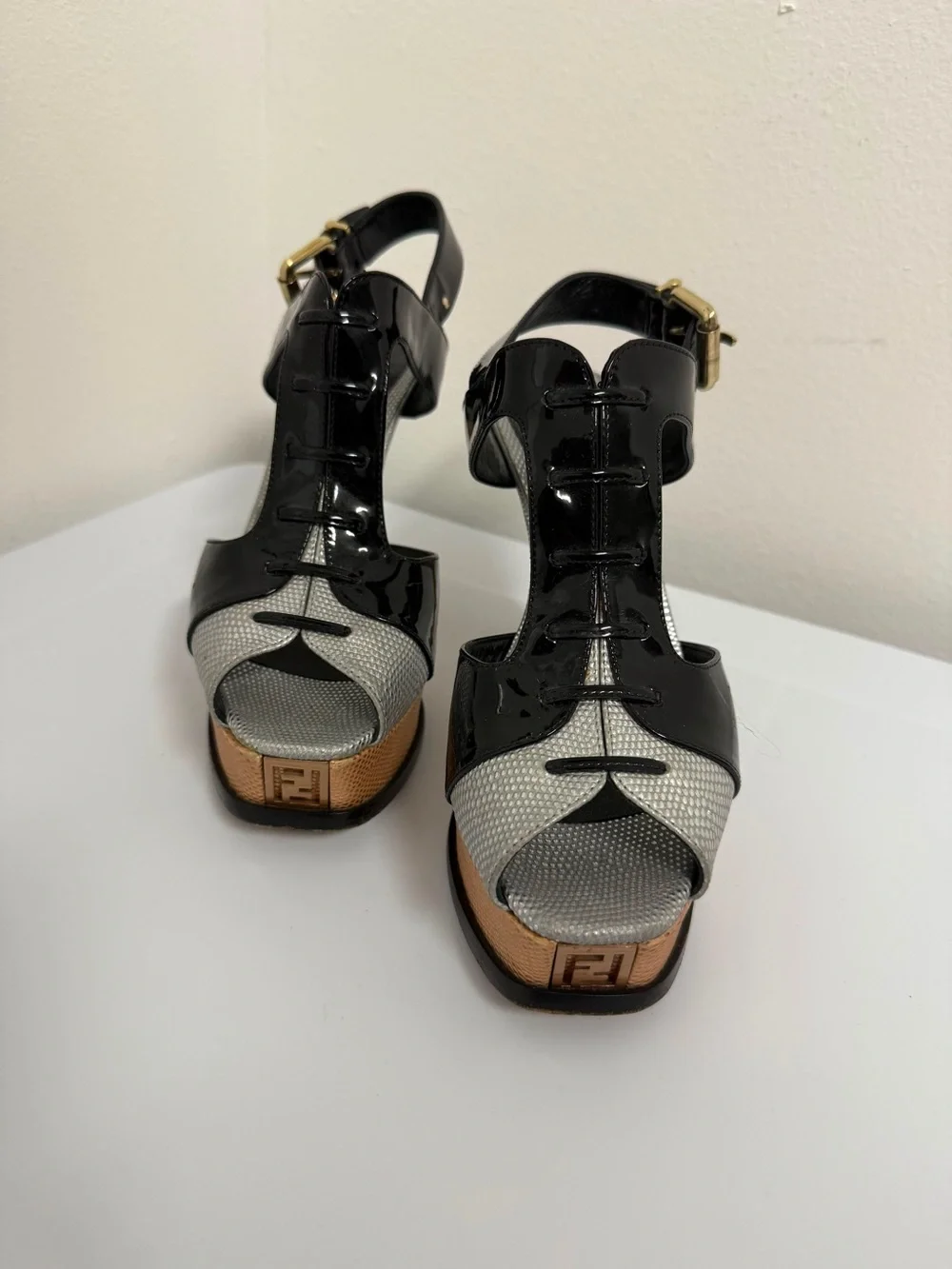 Fendi Black Patent & Silver Mesh Platform T-Strap Sandals with Tan Accent